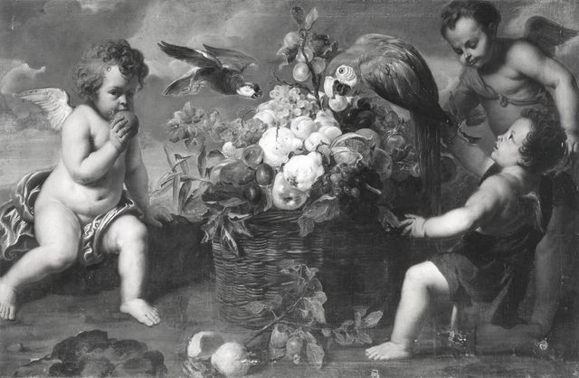 A. C. Cooper — Snyders Frans; Willeboirts Thomas - sec. XVII - Natura morta con cesto di frutta, putti e pappagalli — insieme